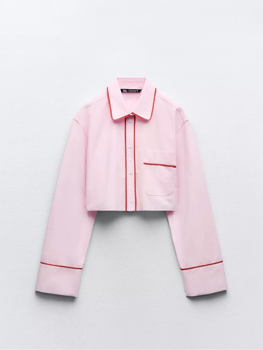 Zara Pink Cropped Button-Down Shirt with Red Trim NWT